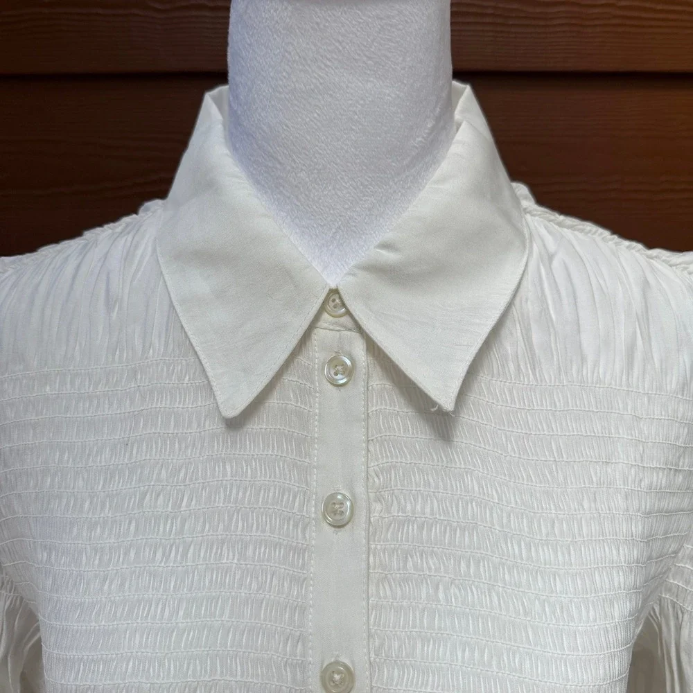 Anthropologie Smocked Puff Sleeve Blouse Womens Large Ivory Ruffle Romantic Boho